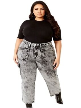 Kendall + Kylie Jeans Demin Crop Cargo Denim Acid Wash Gray Plus Size 18/2X